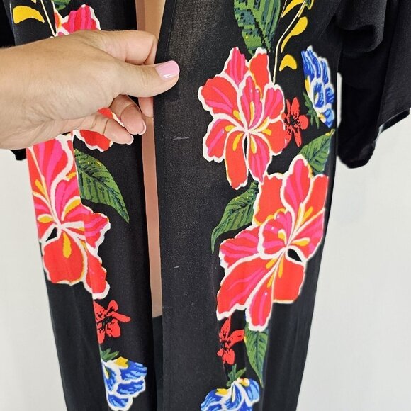 Flying Tomato Duster Womens Size Small Medium Maxi Kimono Black Floral Boho - Picture 5 of 11